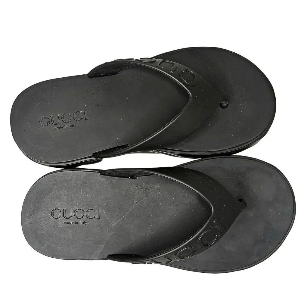 Gucci Rubber Chevron Logo Platform Thong Sandals Black Size 37 Box & Dust Bag - Picture 5 of 13